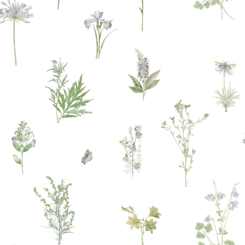 Evergreen Wallpaper Herbs And Flowers White