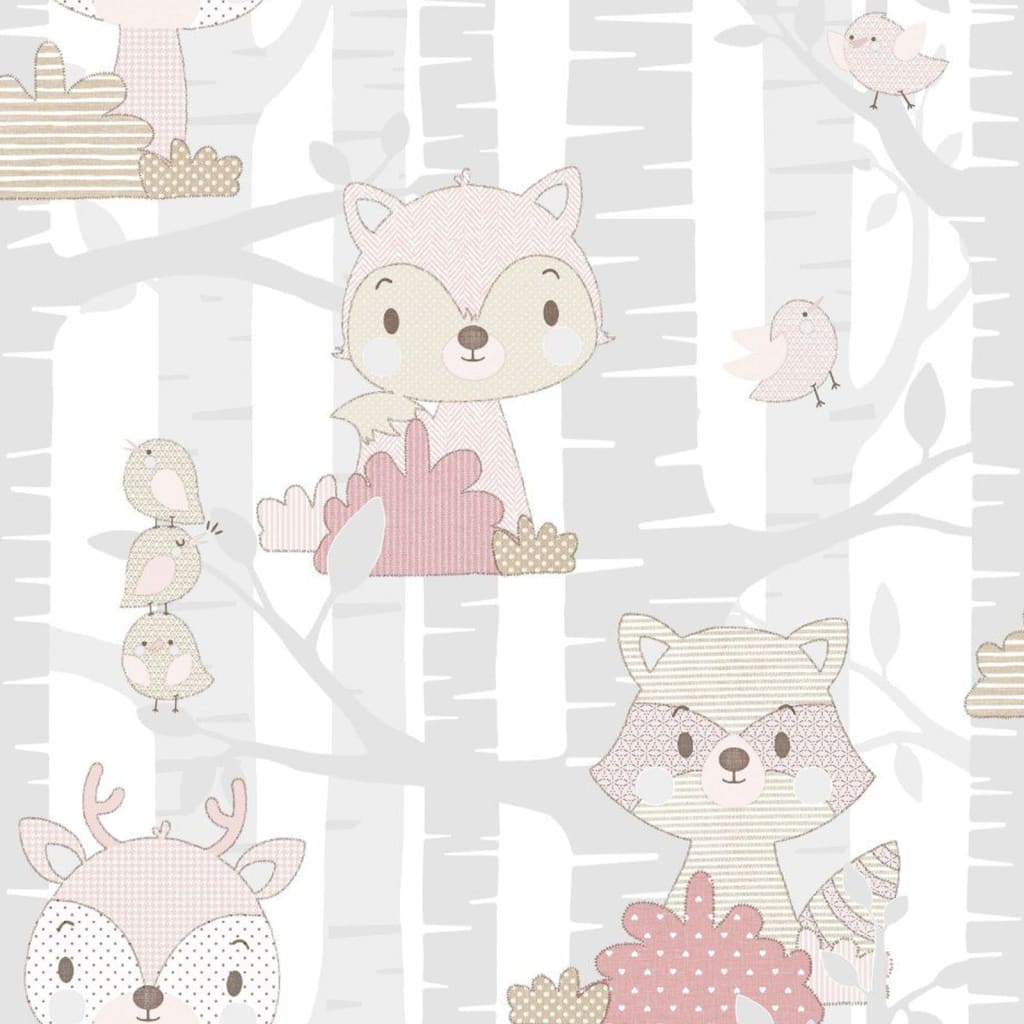 Noordwand wallpaper Mondo baby Forest Animals gray and pink
