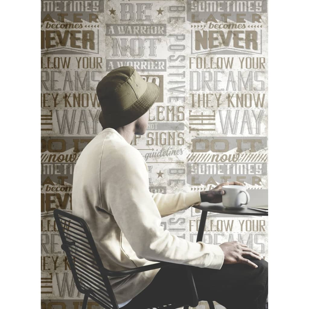 Noordwand wallpaper Friends &amp; Coffee Words and Letters metallic and beige