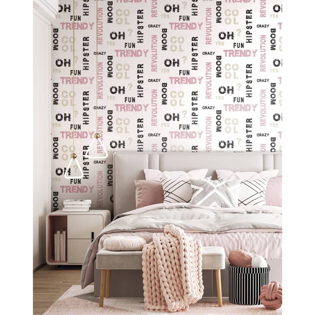 Noordwand wallpaper Friends &amp; Coffee Words and Letters pink and black