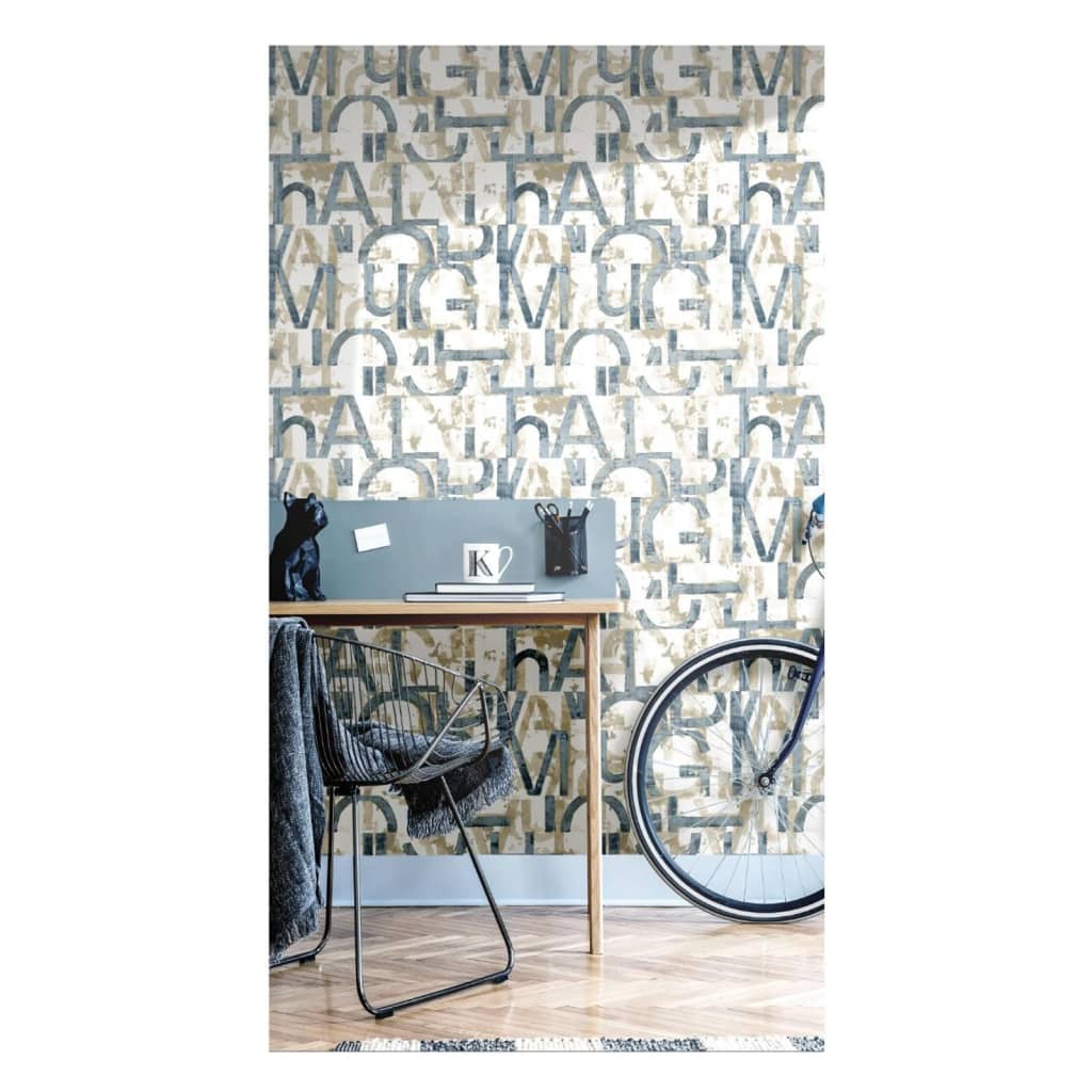 Noordwand wallpaper Friends &amp; Coffee Words and Letters blue and metallic