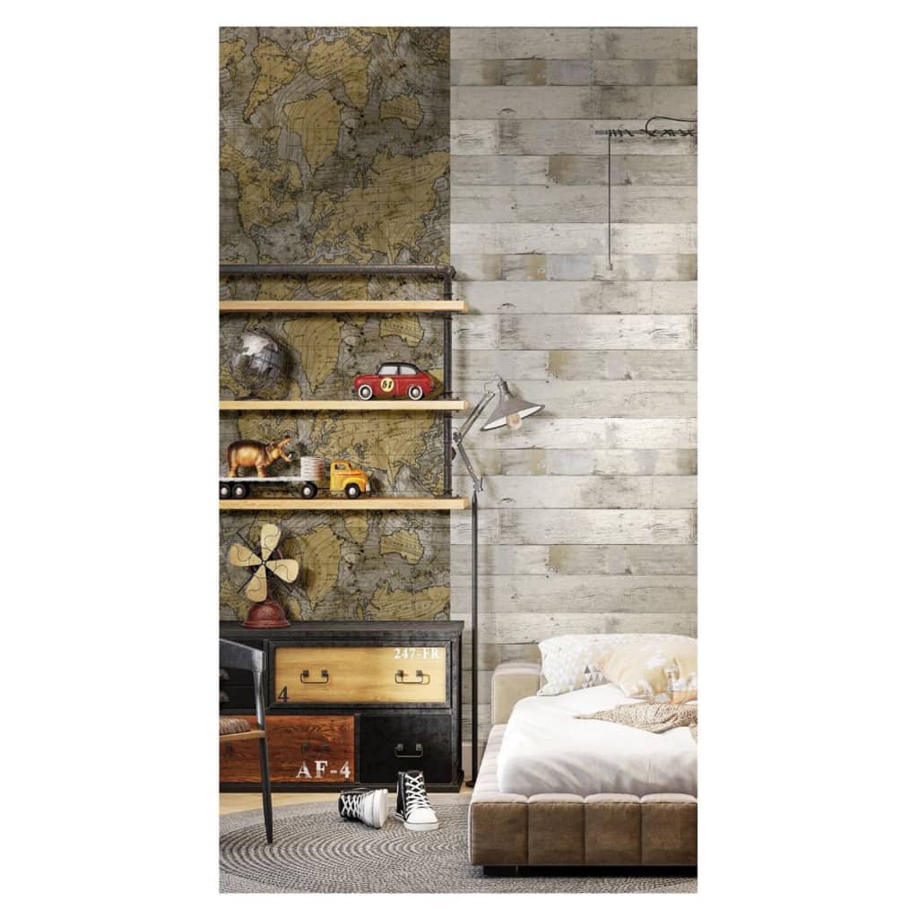 Noordwand wallpaper Friends &amp; Coffee The World Map metallic and gray