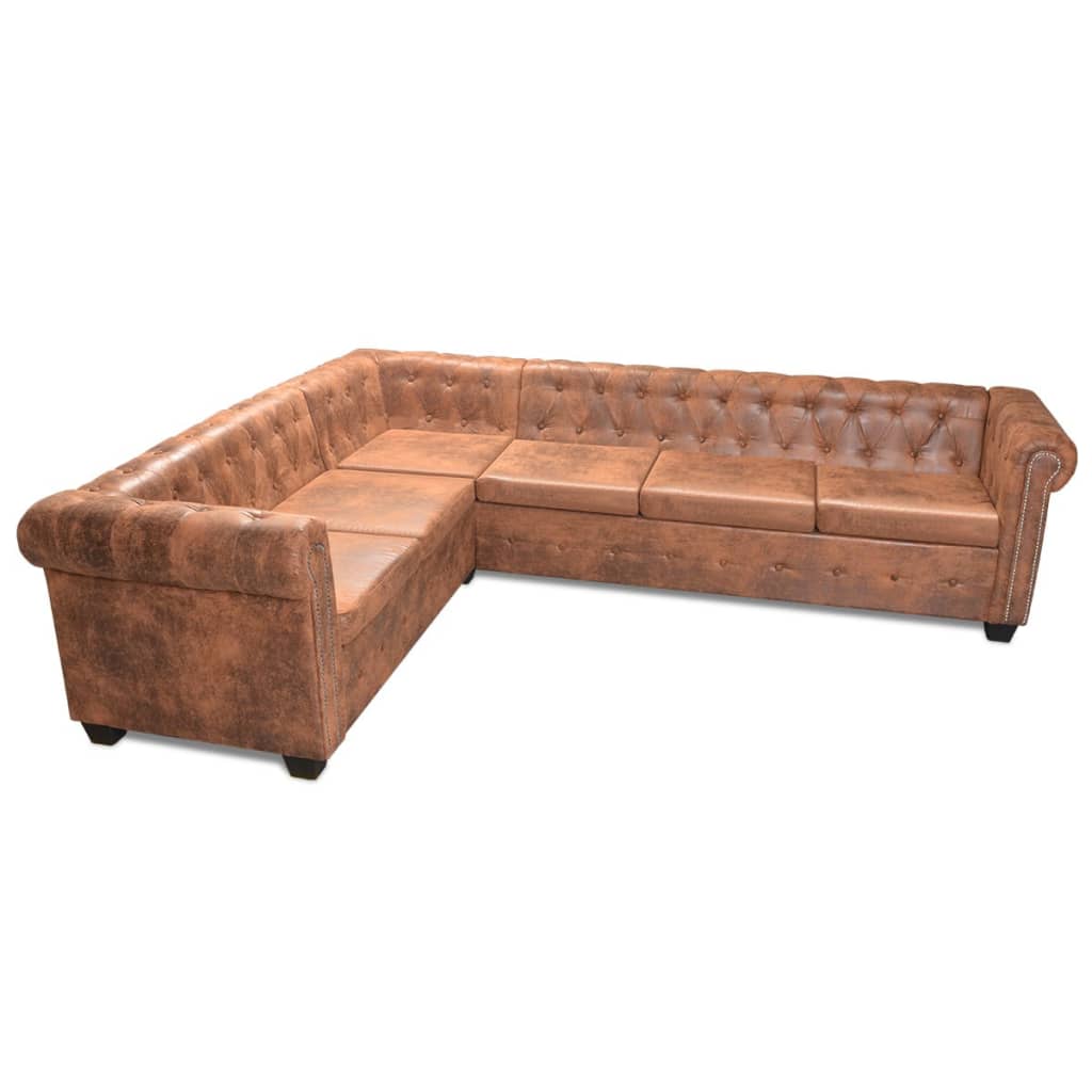 Chesterfield corner sofa 6-seater faux leather brown