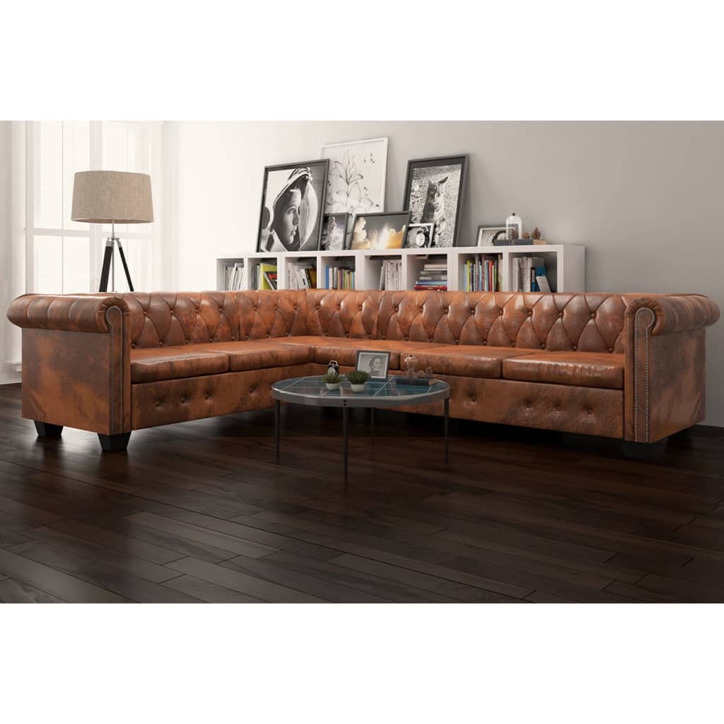Chesterfield corner sofa 6-seater faux leather brown