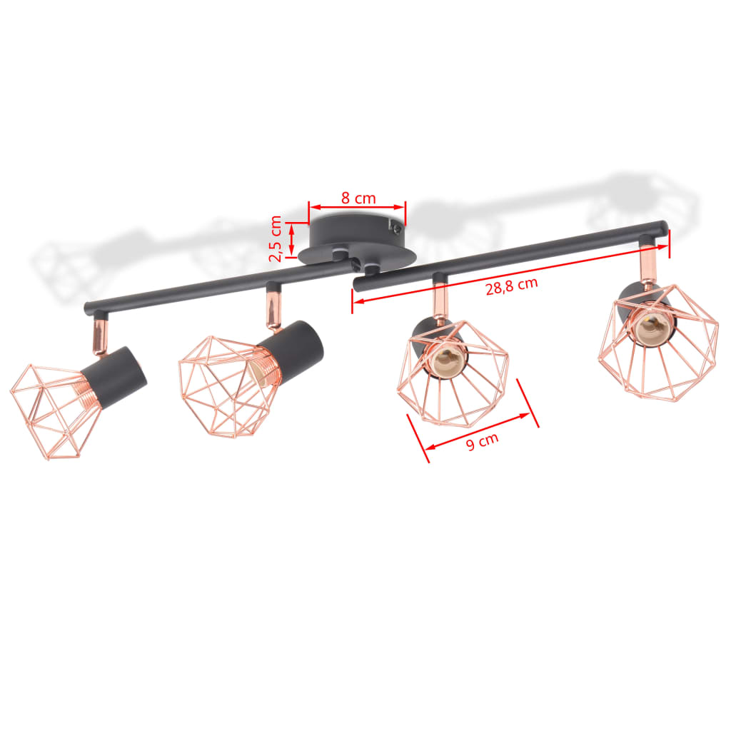 Ceiling light with 4 spotlights E14 black and copper