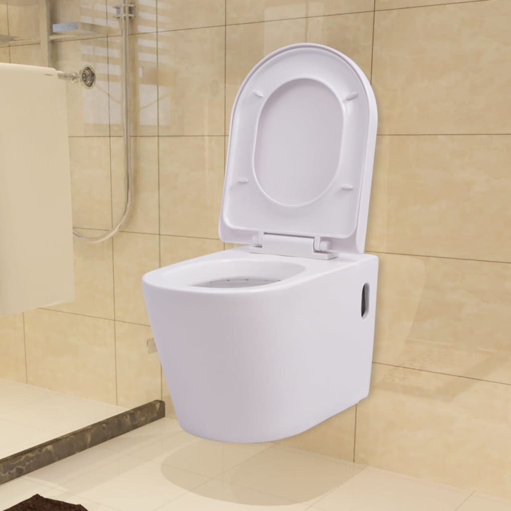 Wall-mounted toilet with built-in ceramic white cistern