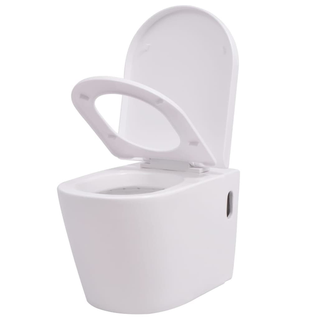 Wall-mounted toilet with built-in ceramic white cistern
