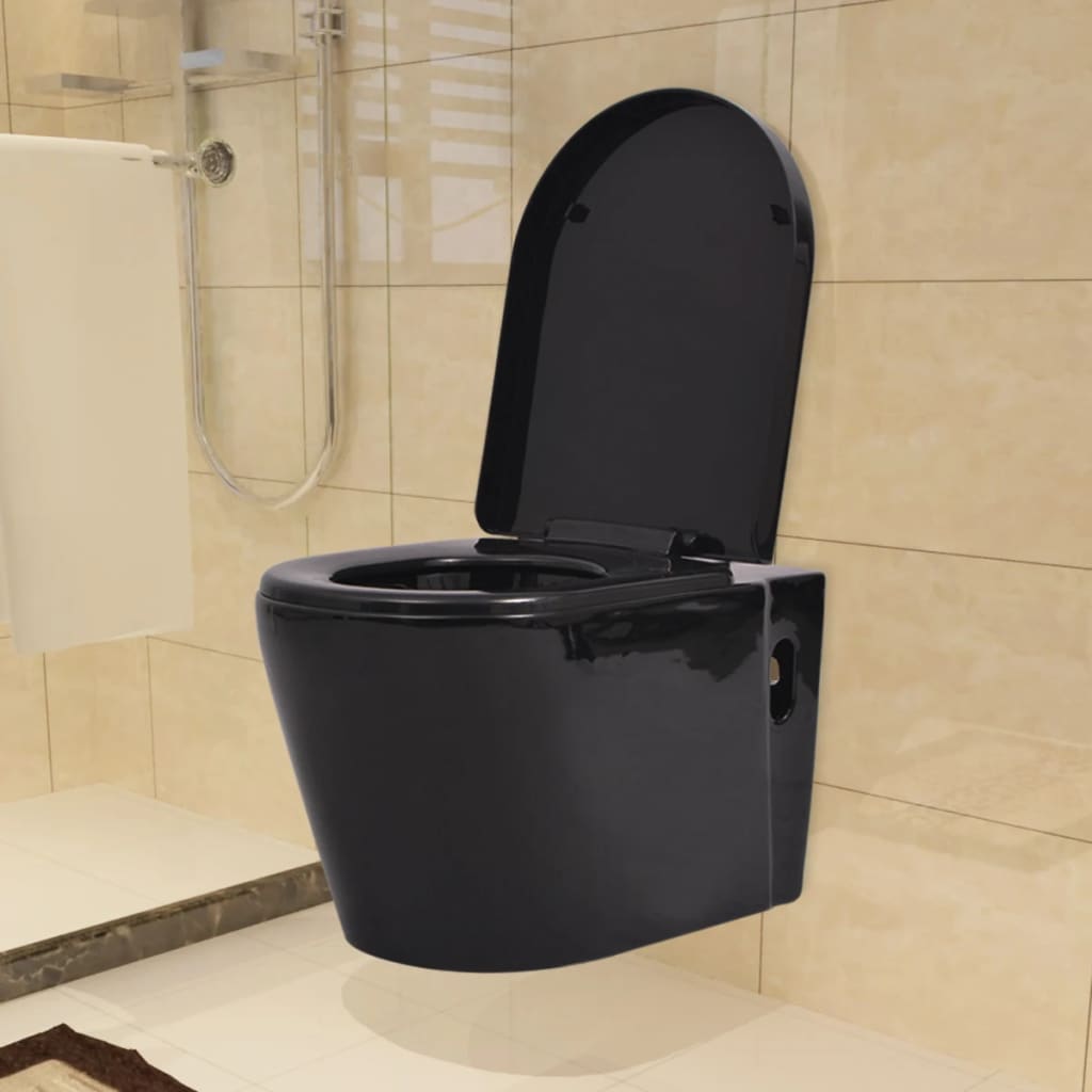 Wall-mounted toilet with built-in ceramic cistern black