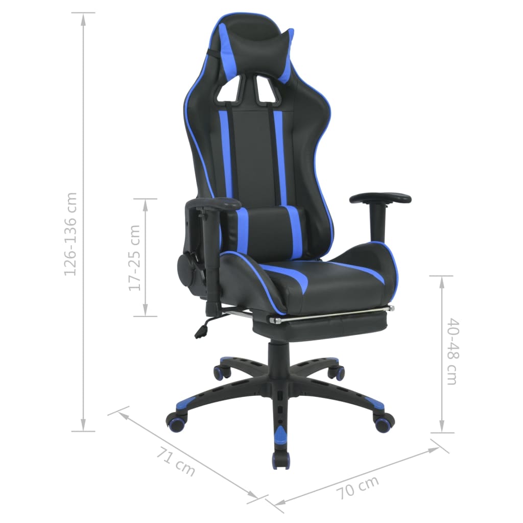 Reclining racing office chair with footrest blue