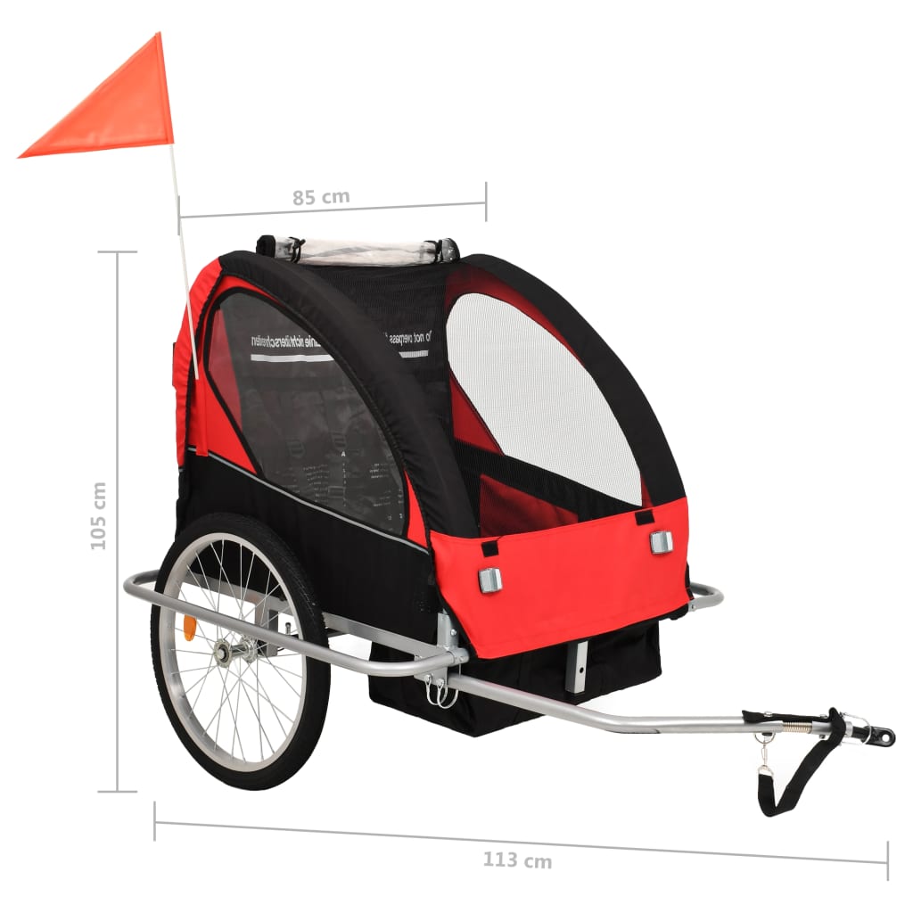2-in-1 children's bike trailer &amp; stroller black and red