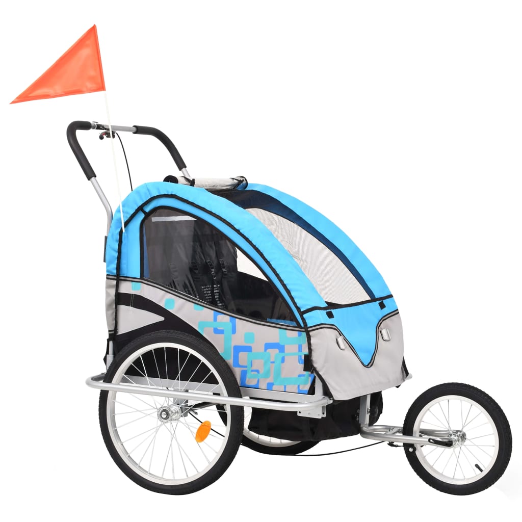 2-in-1 children's bike trailer &amp; stroller blue and gray