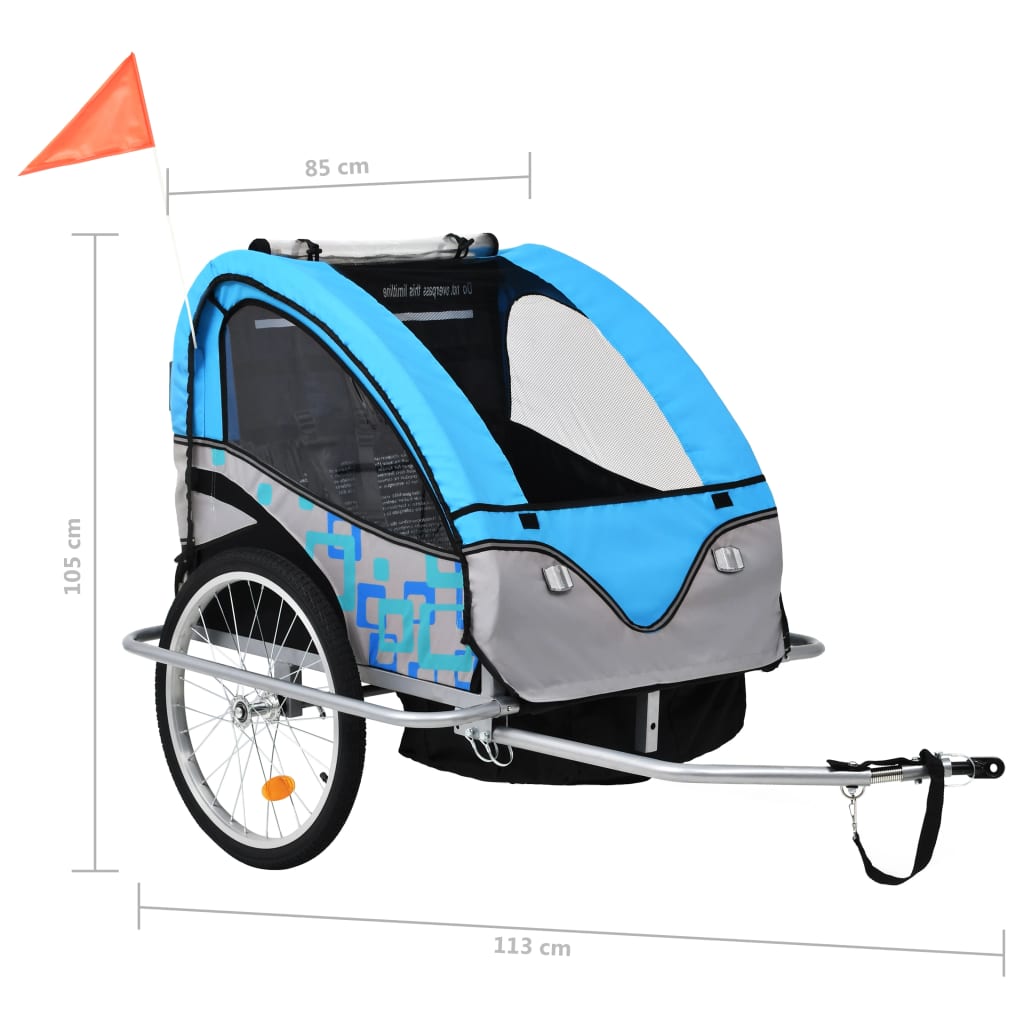 2-in-1 children's bike trailer &amp; stroller blue and gray