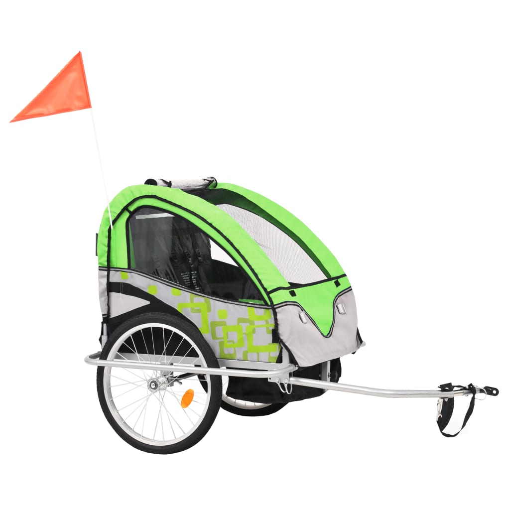 2-in-1 children's bike trailer &amp; stroller green and gray