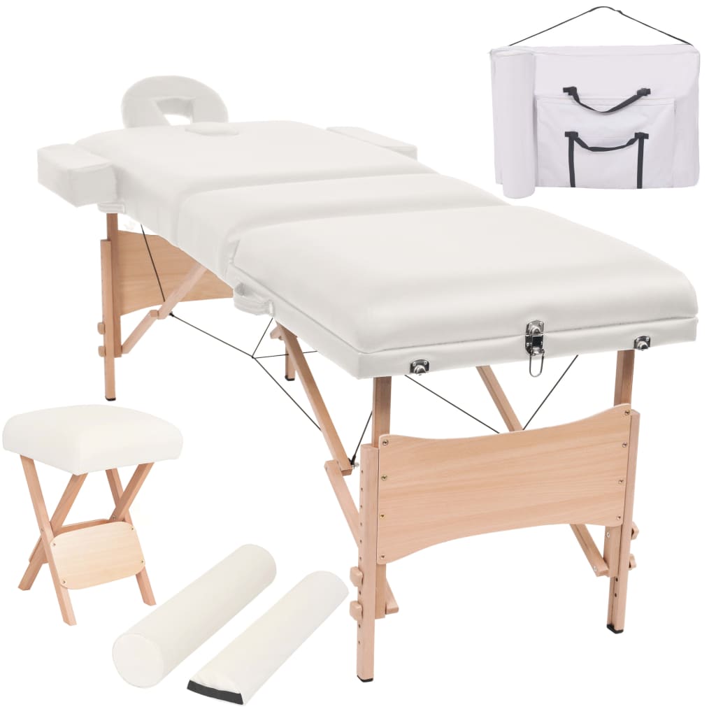 Massage table 3 zones foldable with stool 10 cm padding white