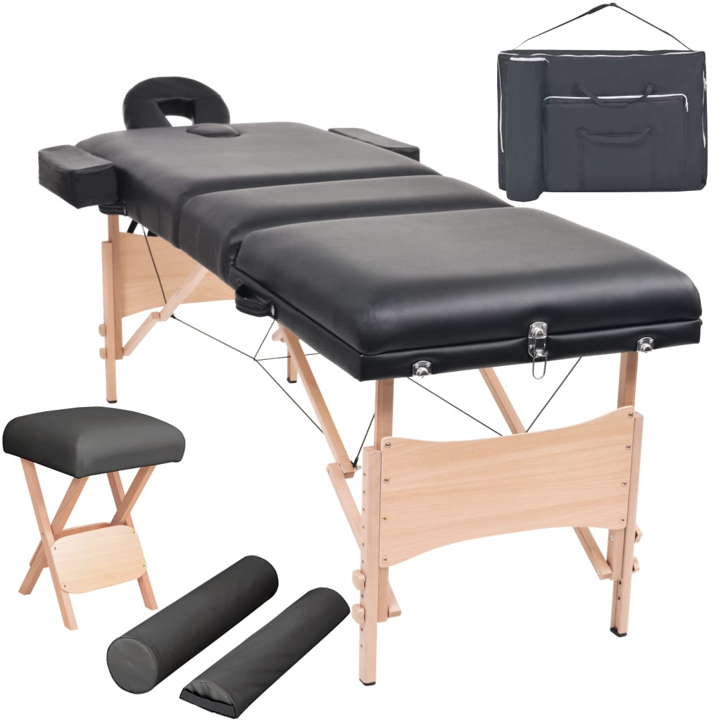 Massage table 3 zones foldable with stool 10 cm padding black
