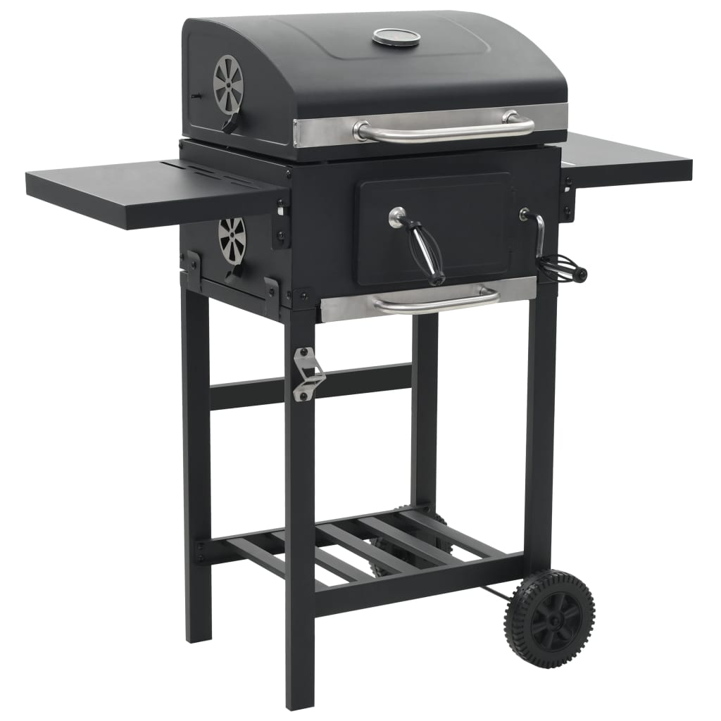 Charcoal grill with black lower shelf
