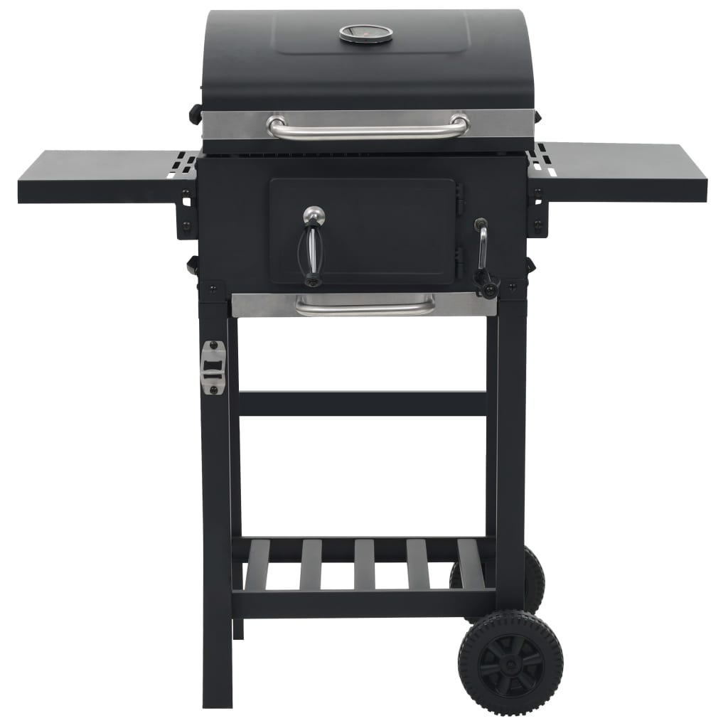 Charcoal grill with black lower shelf