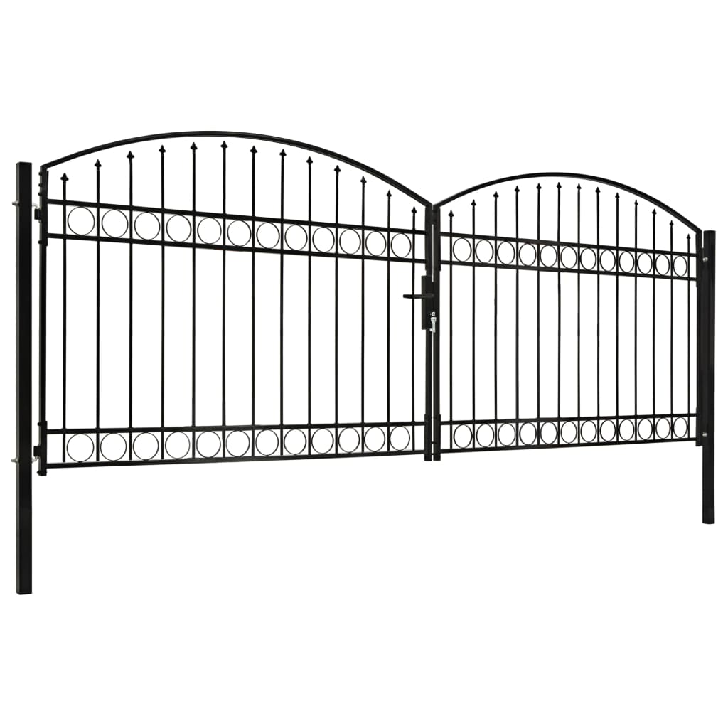 Fence gate double wing arched tip steel 400 x 125 cm black