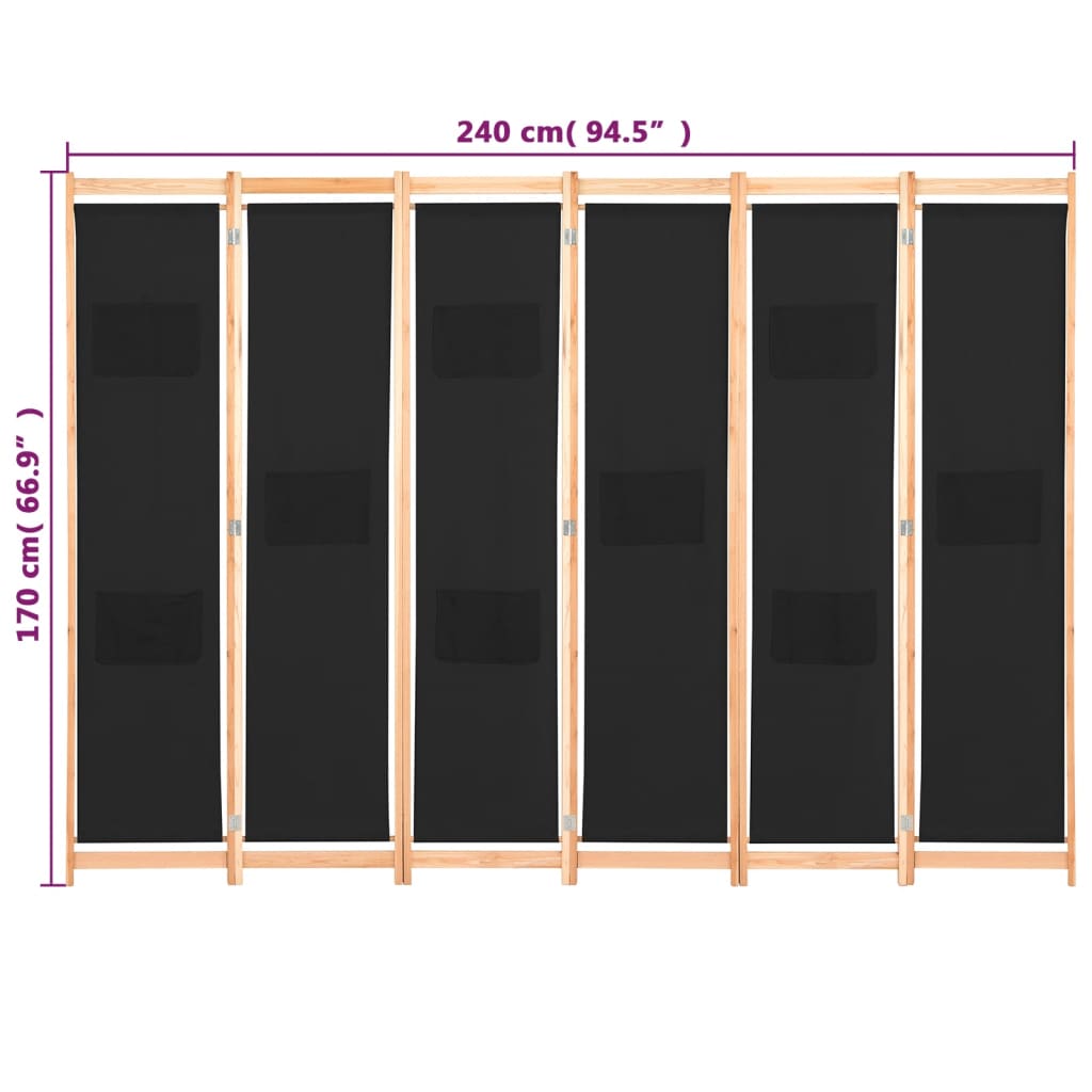 6-part room divider black 240 x 170 x 4 cm fabric