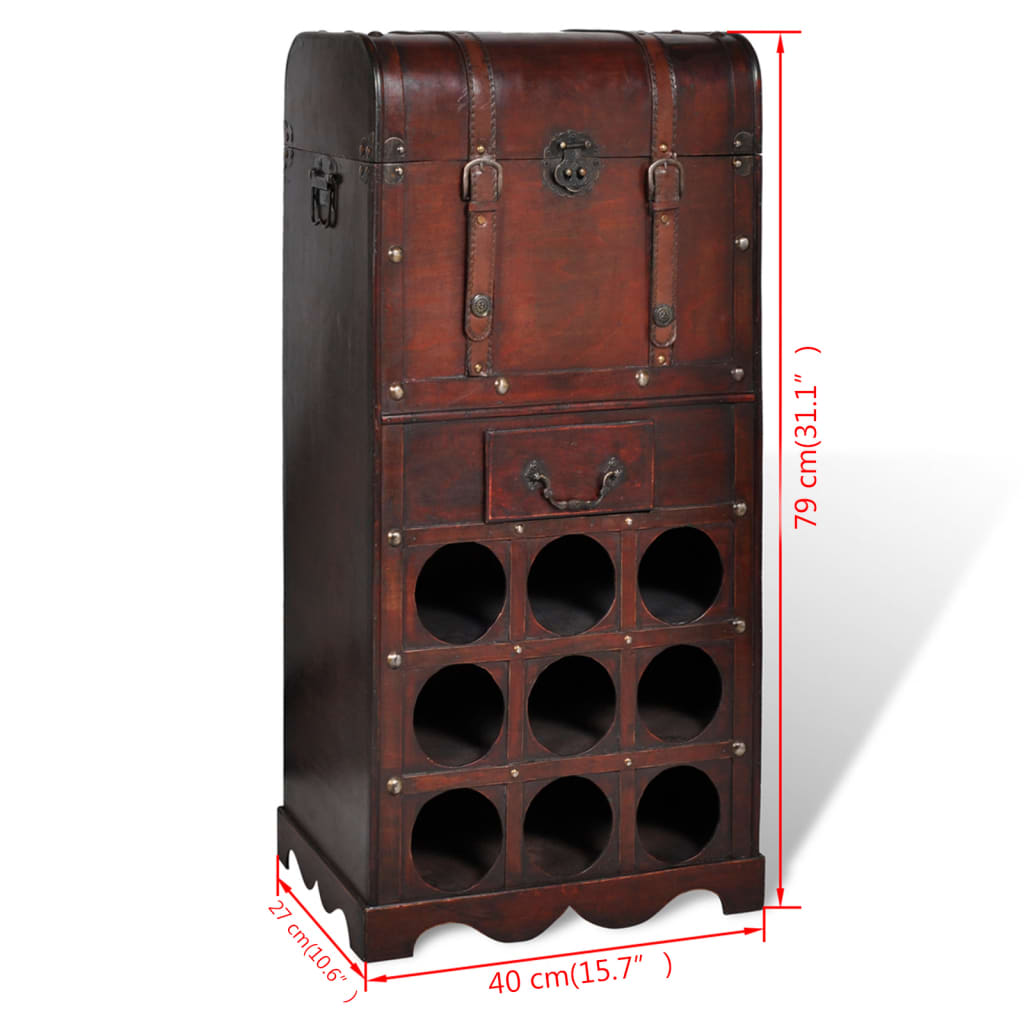 Wooden bottle rack for 9 bottles with storage chest