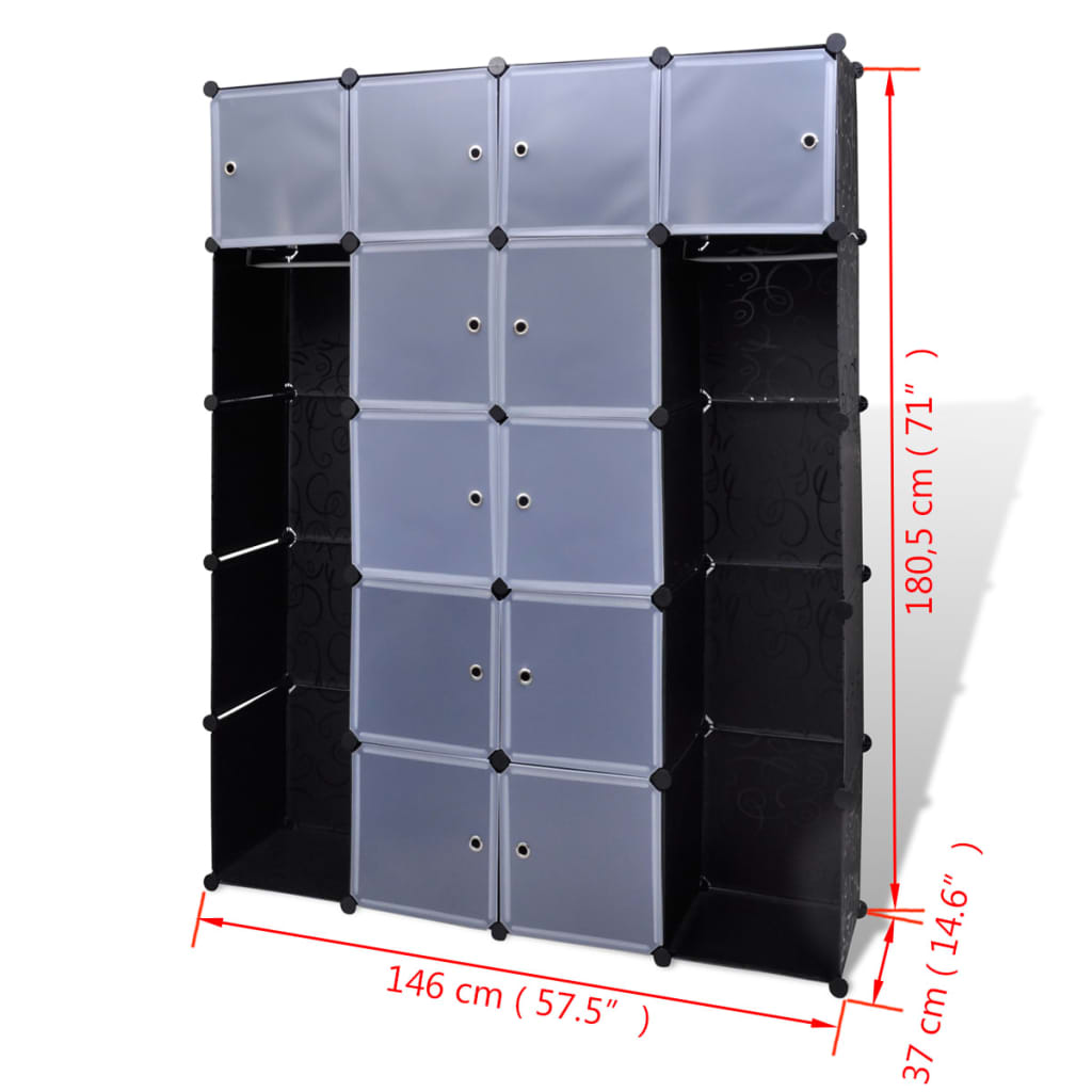 Modular cabinet with 14 compartments black/white 37x146x180.5cm