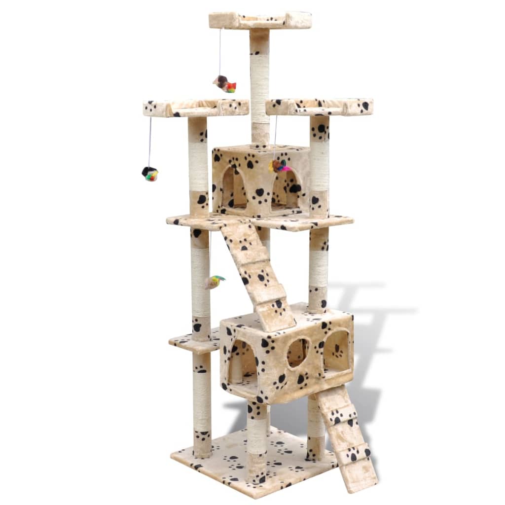 Scratching post 170 cm with 2 caves beige with paw prints