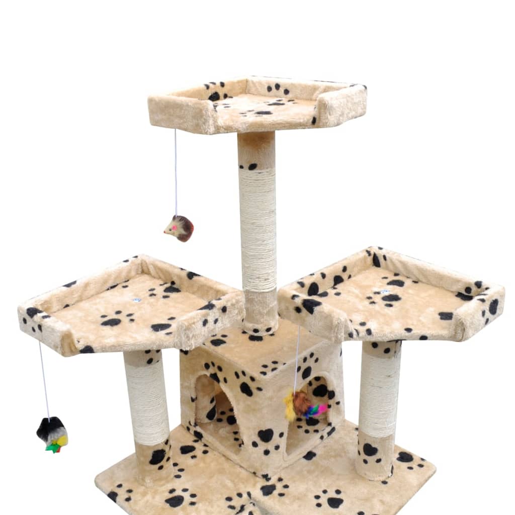 Scratching post 170 cm with 2 caves beige with paw prints