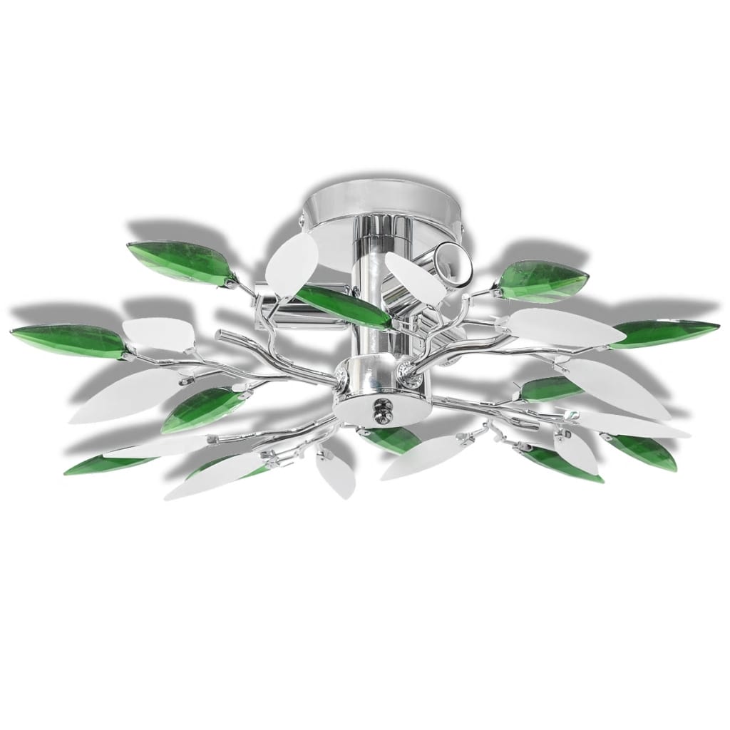 Ceiling Light White &amp; Green Acrylic Glass Leaves 3 × E14 Bulbs