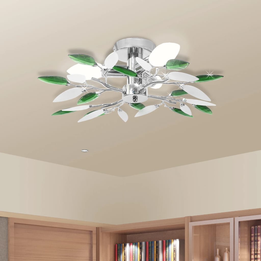 Ceiling Light White &amp; Green Acrylic Glass Leaves 3 × E14 Bulbs