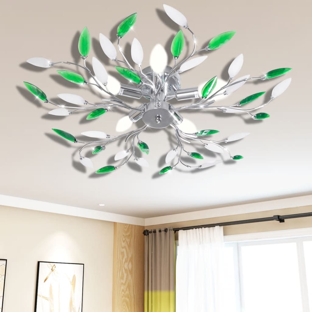 Ceiling lamp green and white leaf tendrils with acrylic leaves 5x E14