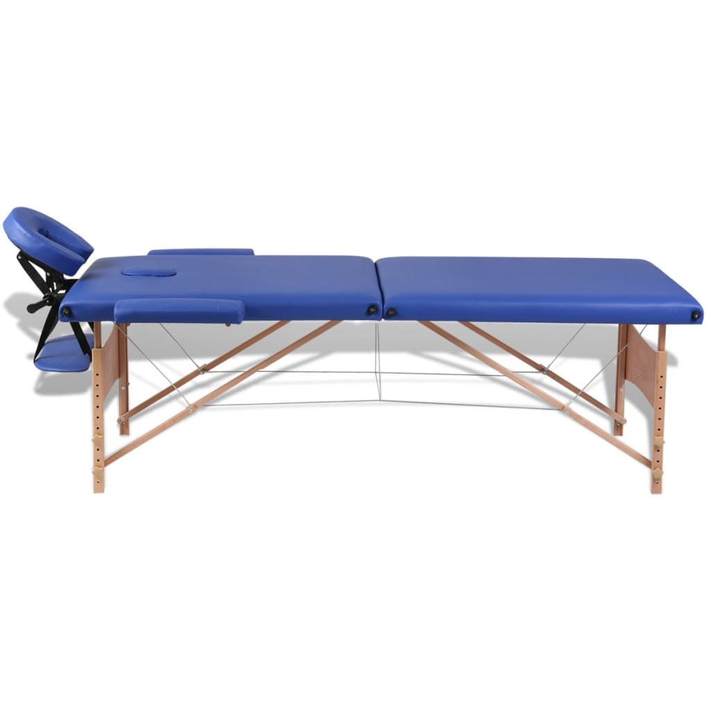 Massage table with wooden frame, foldable 2 zones blue