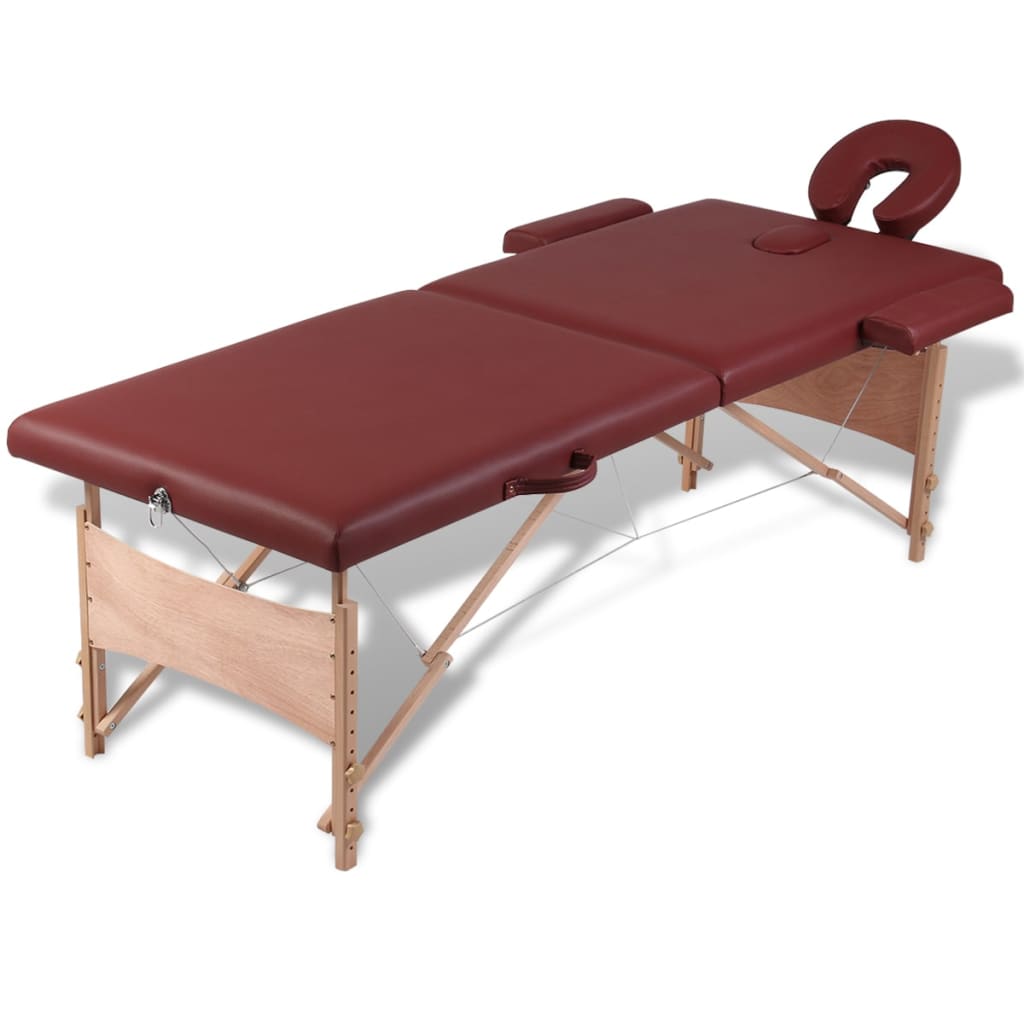 Massage table with wooden frame, foldable 2 zones red