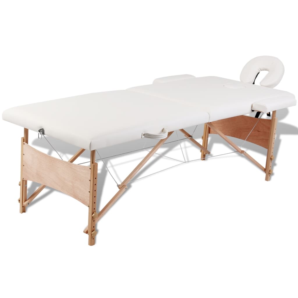 Massage table foldable 2-zone with wooden frame cream white