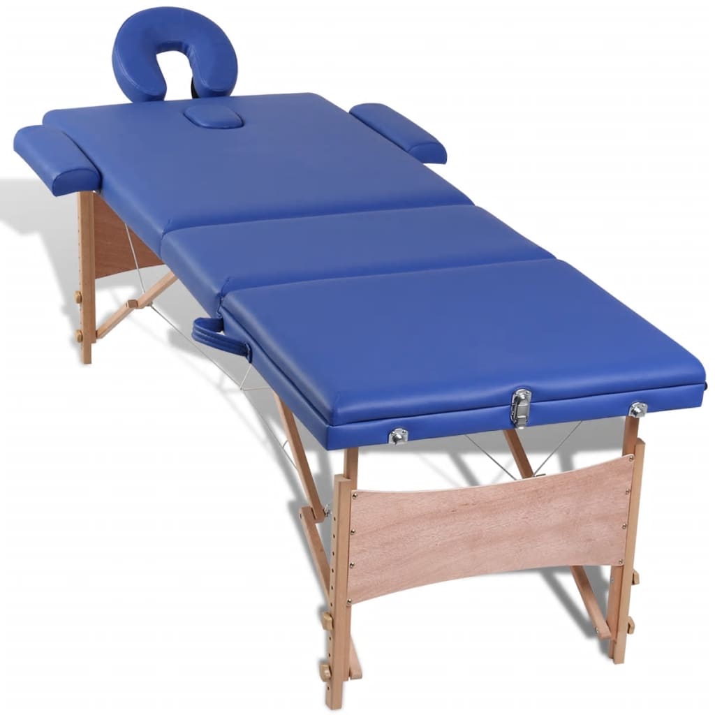 Massage table with wooden frame, foldable 3 zones blue