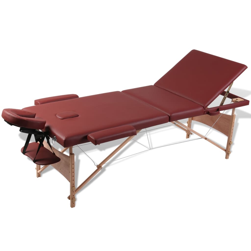 Massage table with wooden frame, foldable 3 zones red