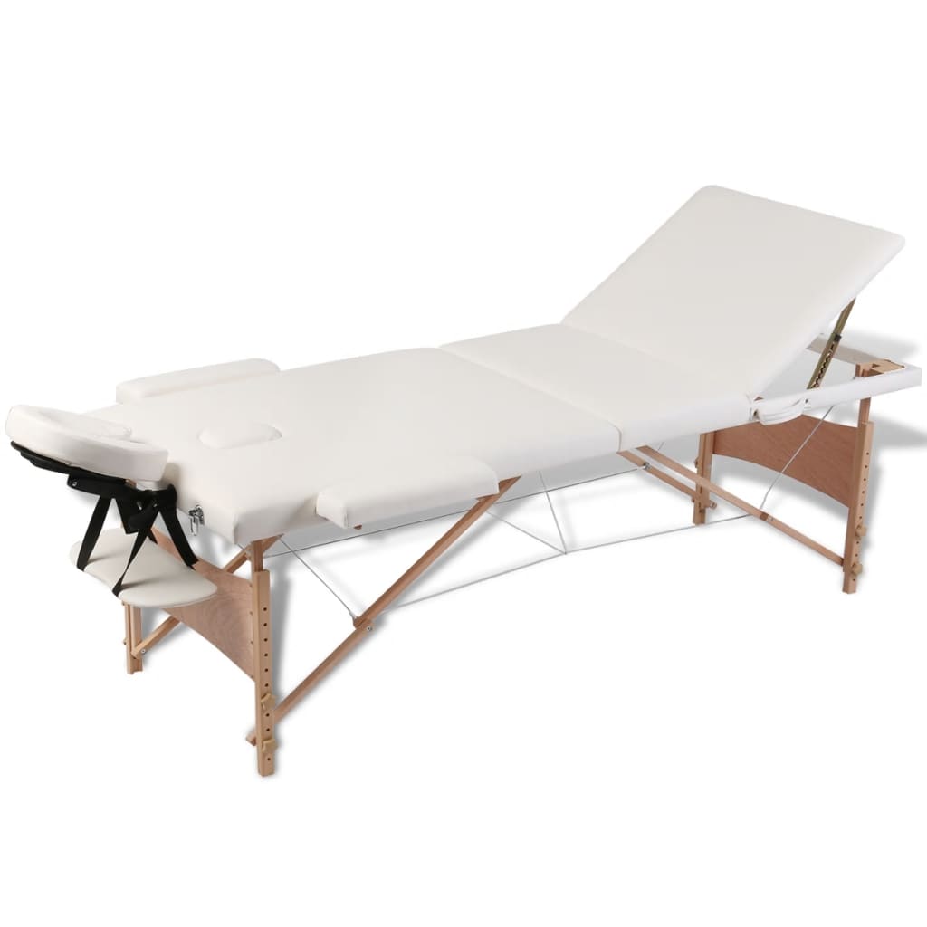 Massage table with wooden frame, foldable 3 zones cream-white