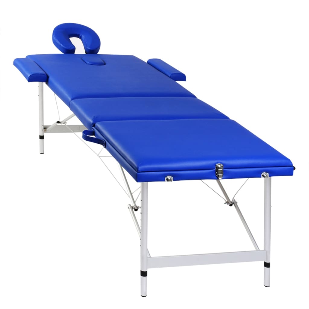 Massage table with aluminum frame, foldable 3 zones blue