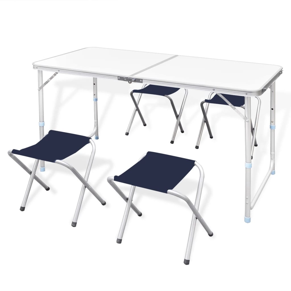 Camping table with 4 folding chairs, height-adjustable aluminum 120 x 60 cm