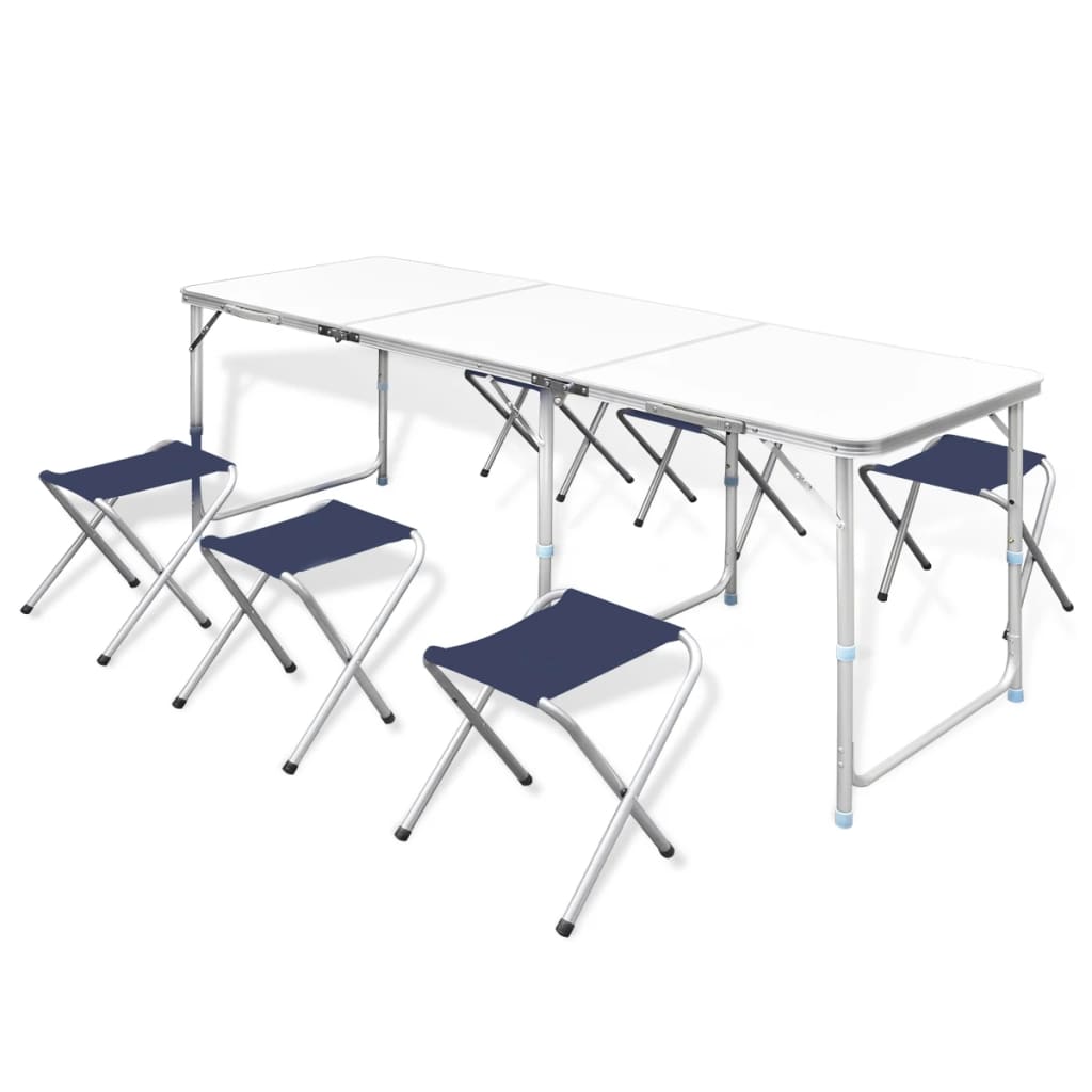 Folding camping table with 4 stools, height adjustable 180x60 cm