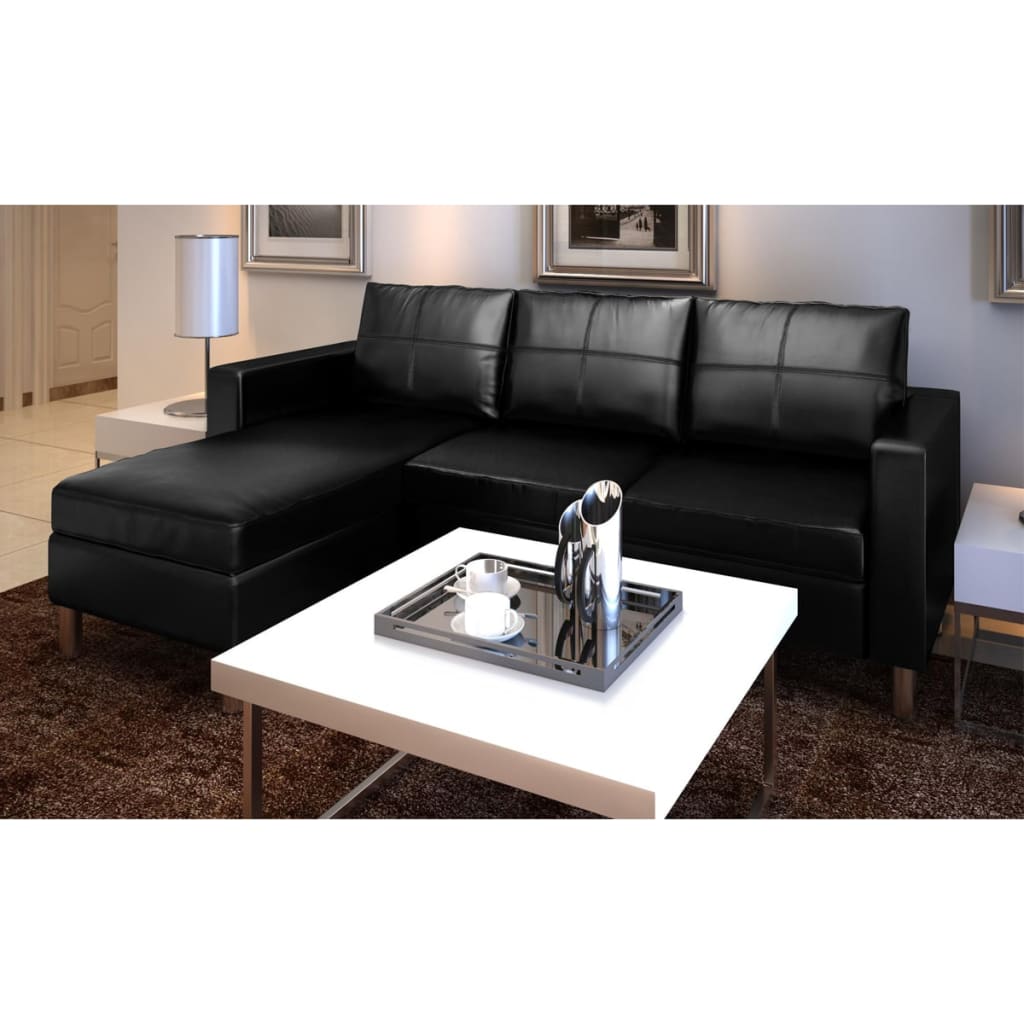 L-shaped sofa 3-seater faux leather black