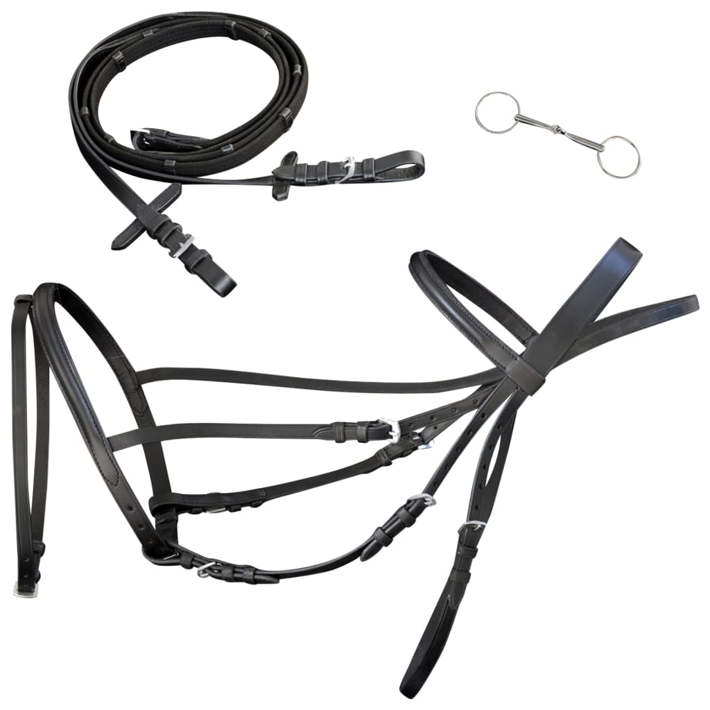 Leather snaffle bridle with reins and bit black pony