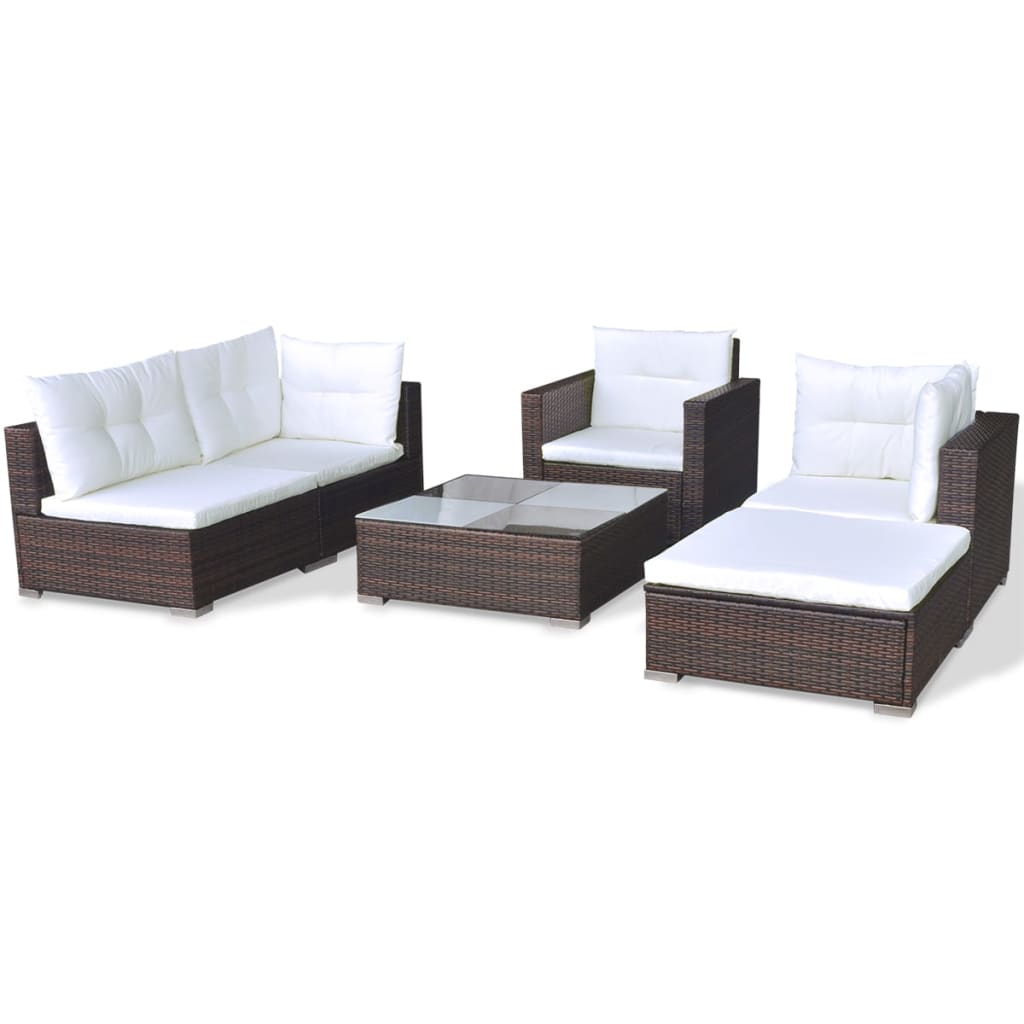 6 pcs. Garden lounge set with cushions poly rattan brown