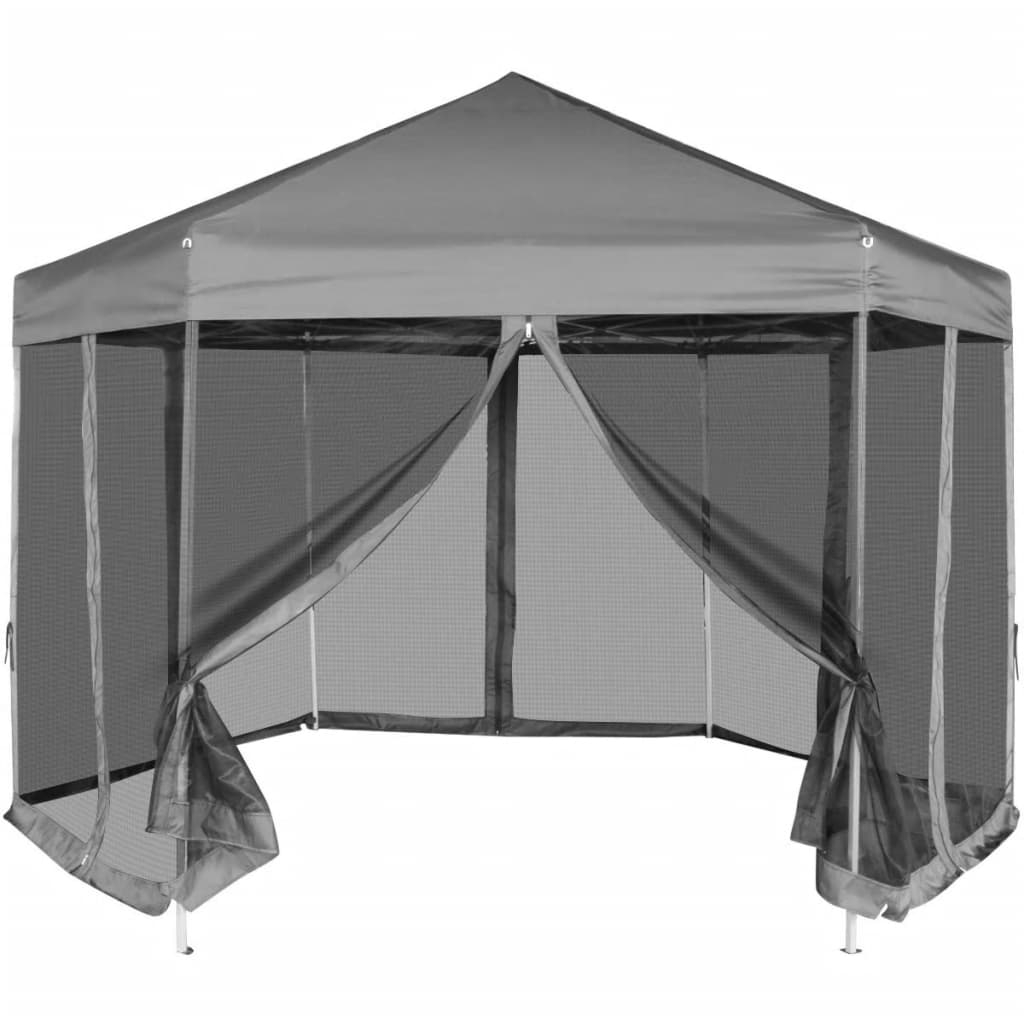 Hexagonal pop-up marquee with 6 side walls gray 3.6x3.1 m