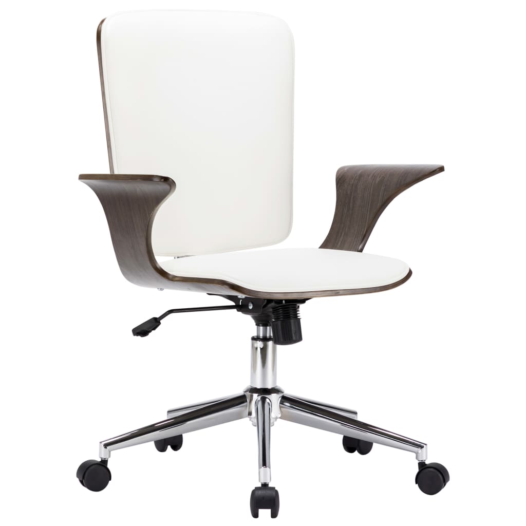Swivel office chair white faux leather and bentwood