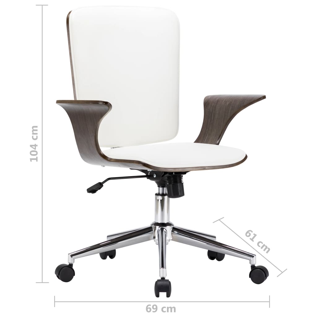 Swivel office chair white faux leather and bentwood