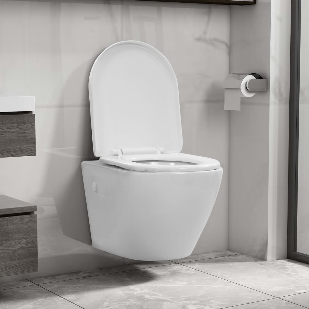 Wall-mounted toilet without flushing rim ceramic white