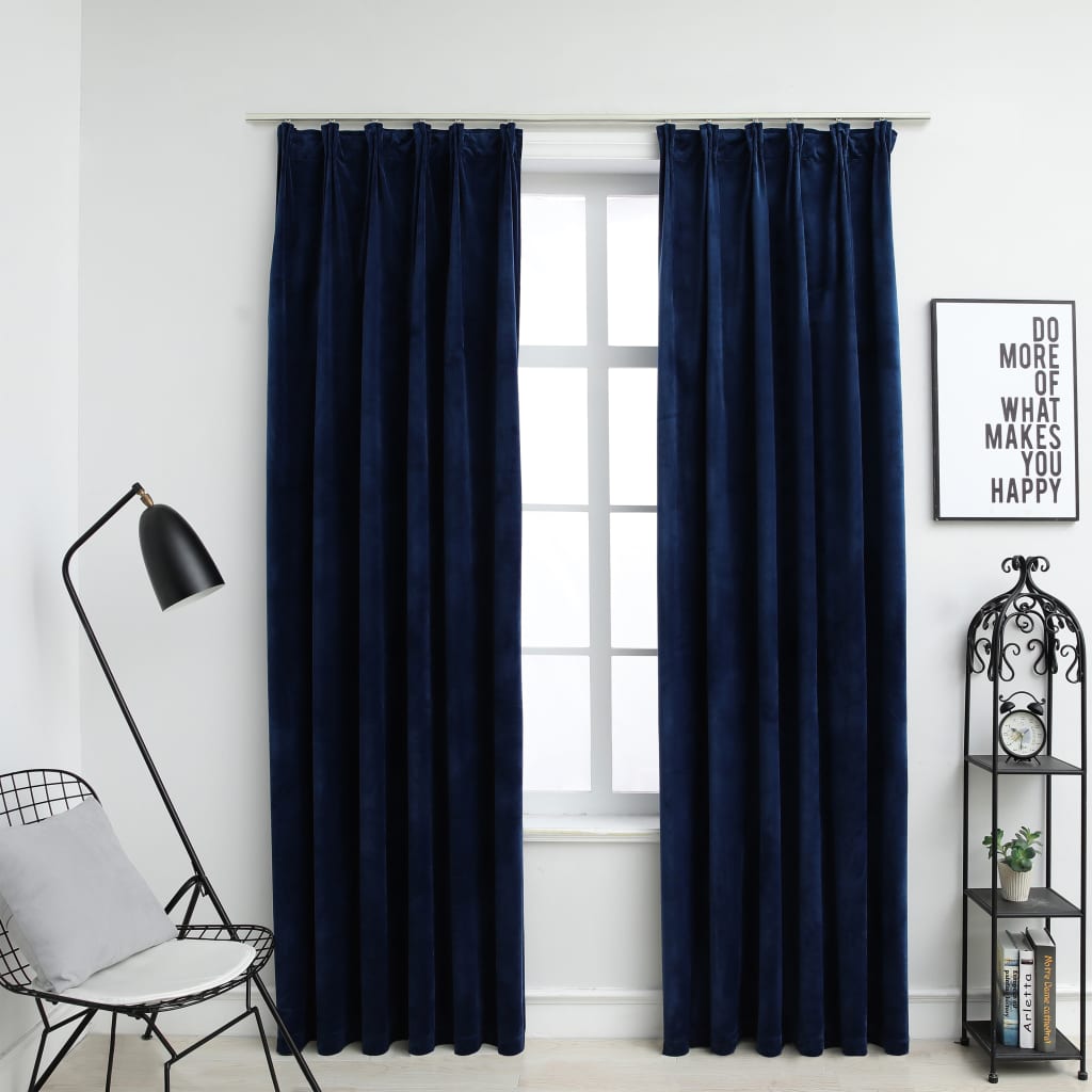Blackout curtains hooks 2 pieces velvet dark blue 140x175cm