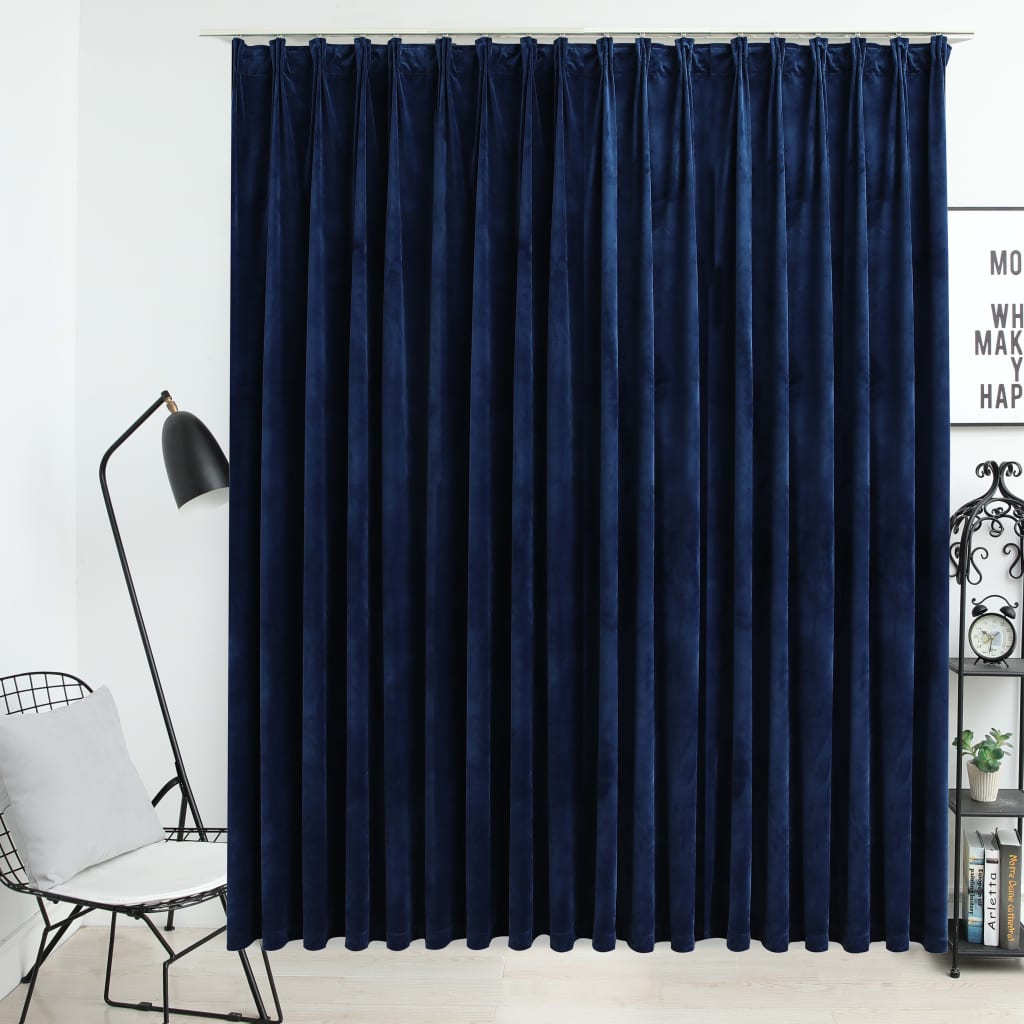 Blackout curtain with hooks velvet dark blue 290 x 245 cm