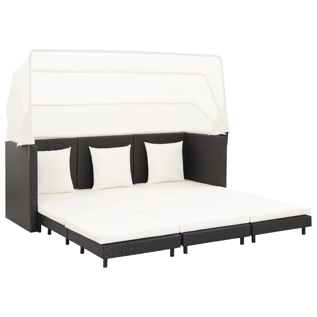 3-Seater Extendable Sofa Bed with Roof Poly Rattan Black