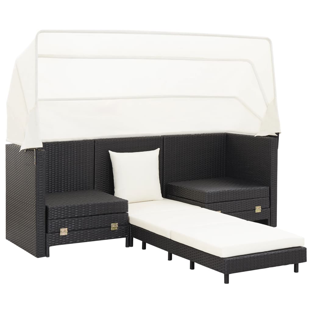 3-Seater Extendable Sofa Bed with Roof Poly Rattan Black